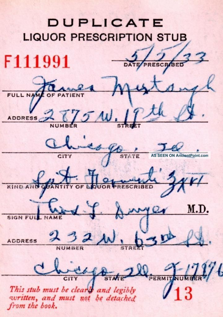 Prohibition Whiskey Prescription Doctor ' S Stub Antique Bar Pub Chicago Il 5/5/33 Other Medical Antiques photo
