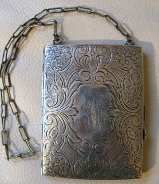 Antique Victorian Art Nouveau G Silver Card Case Coin Holder Compact Purse Esa photo
