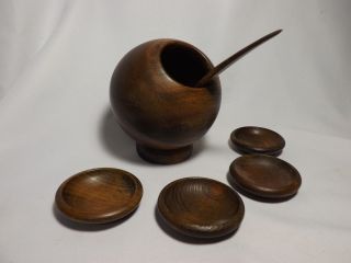 Mid - Century Round Teak Wood Bowl 4 Plates & Spoon - For Serving Nuts Enesco photo