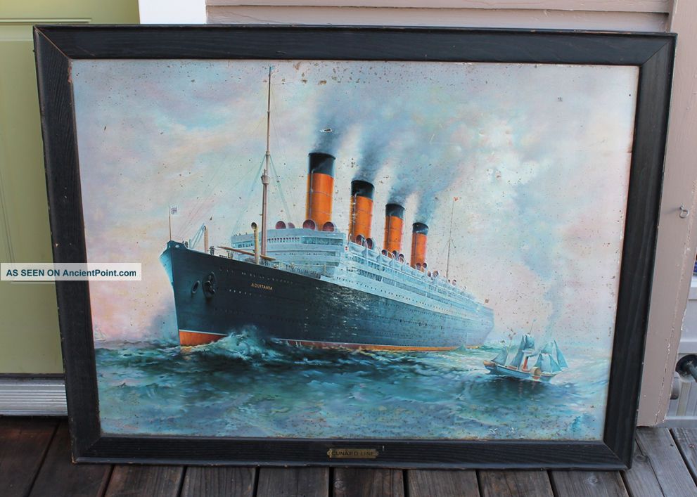 Antique Vintage Ticket Office Cunard Rms Aquitania Tin Litho Steamship Ship Sign Plaques & Signs photo