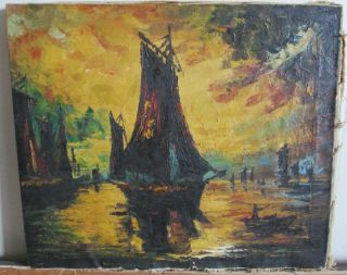 Old Palette Knife Painted Italian Seascape Boat Impressionist Oil Painting photo
