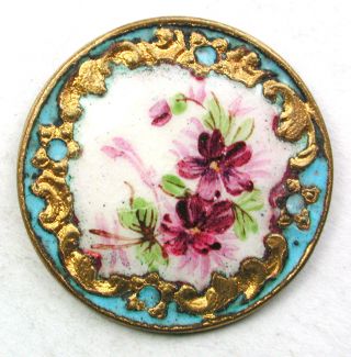 Antique French Enamel Button Hand Painted Violets W/ Turquoise Champleve Border photo