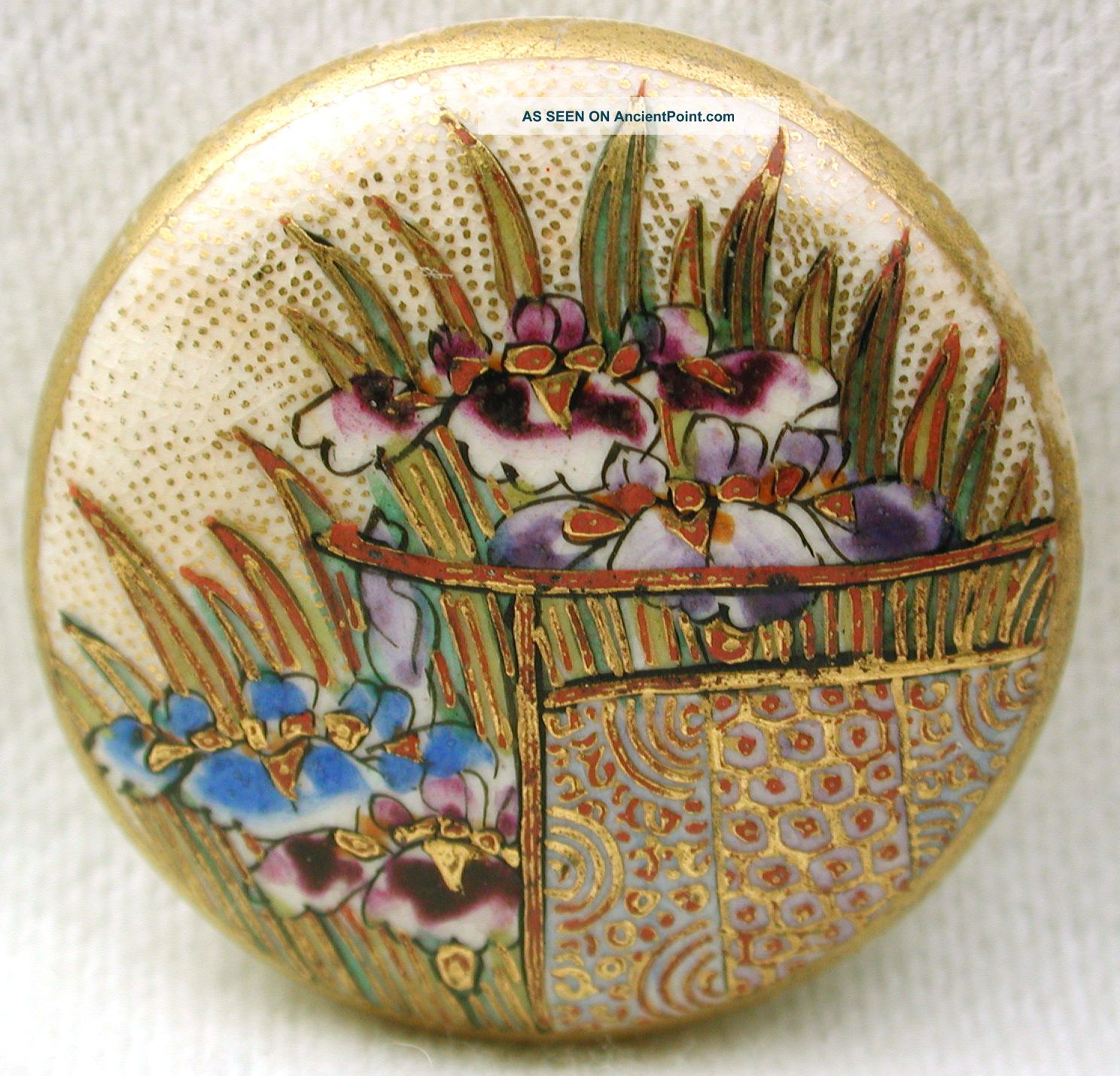 Antique Meiji Satsuma Button Iris Flowers & Fancy Screen W/ Gold Accents 1 