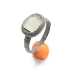 Ancient Medieval Bronze Finger Ring With Colored White Stone Inlay (mja) photo