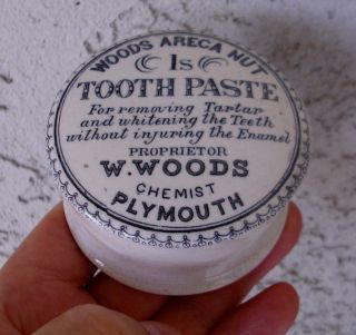 Antique,  Ca 1880 ' S Through 1914 Woods ' Chemist Tooth Paste Jar Crock Box Pot Lid photo