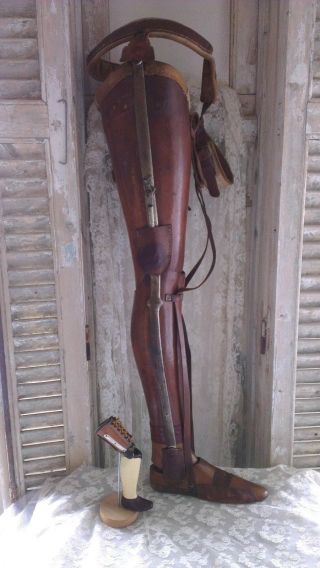 Rare,  Antique,  Leather,  Wood And Metal,  Prosthetic Limb,  Leg,  Brace,  1900 - 1920 photo