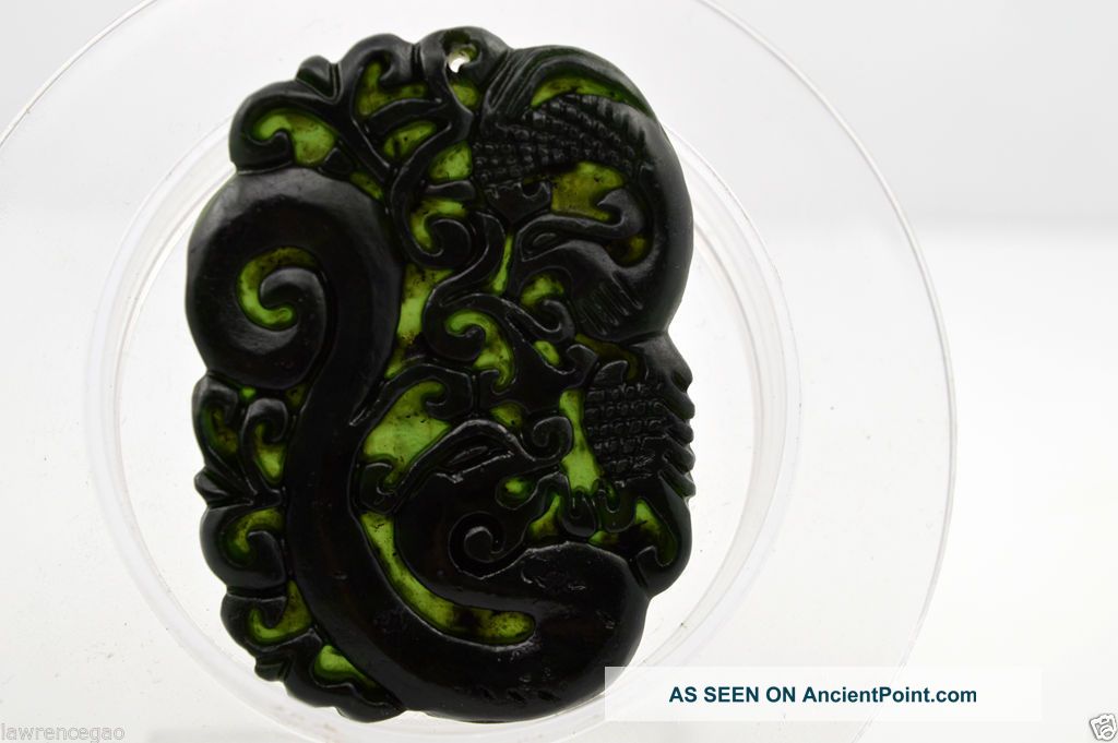 100 Real Chinese Natural Nephrite Black Jade Carving Pendant Dragon 龙凤呈祥 001 Necklaces & Pendants photo