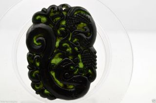 100 Real Chinese Natural Nephrite Black Jade Carving Pendant Dragon 龙凤呈祥 001 photo