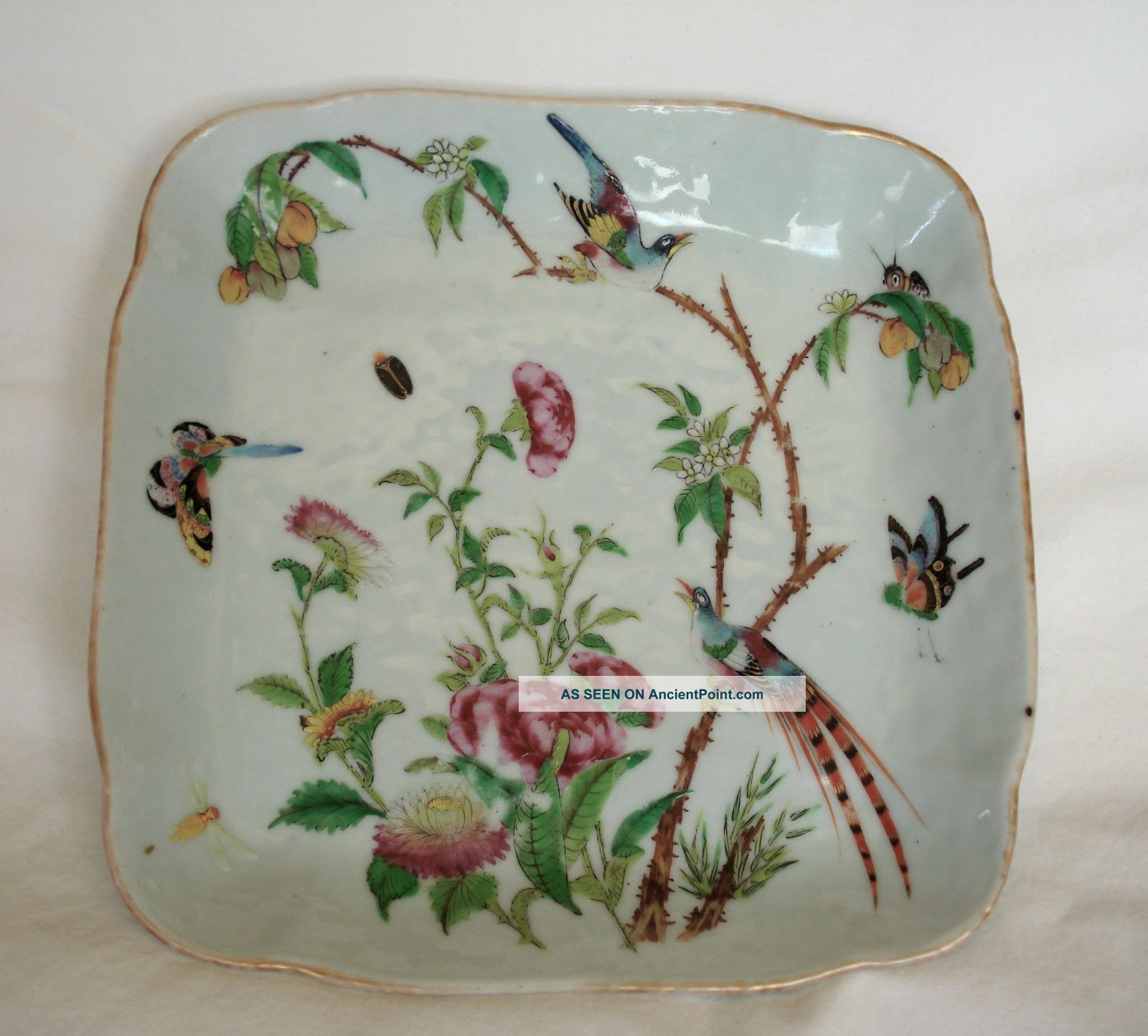 Antique 19c Qing Dynasty Chinese Celadon Famille Rose Square Plate Insects Plates photo