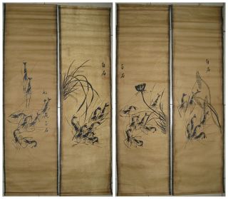 用 Chinese 斉白石 Qi Baishi 4 Scrolls Painting Shrimps 虾 photo