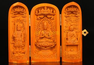 Boxwood Exquisite Carved Buddha Statue Box Buddhism Decoration Vintage Collecti photo