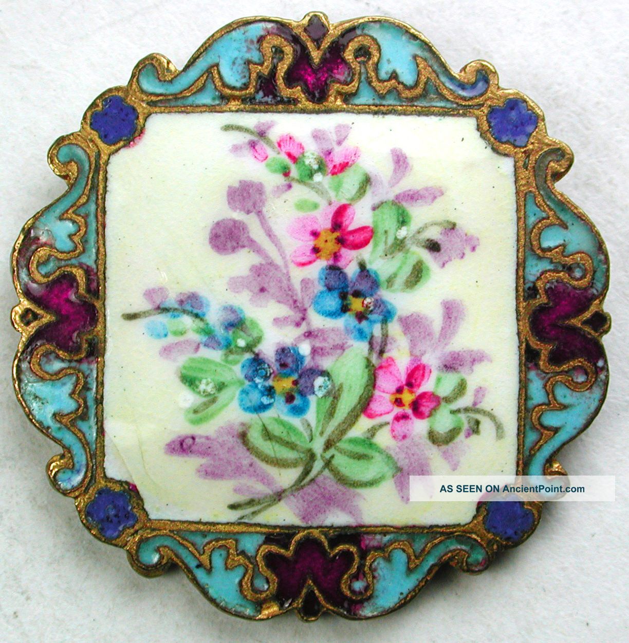 Antique French Enamel Button Hand Painted Flowers On Square W/ Champleve Border Buttons photo