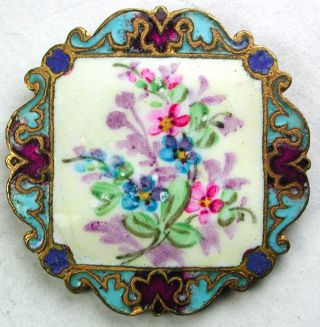 Antique French Enamel Button Hand Painted Flowers On Square W/ Champleve Border photo