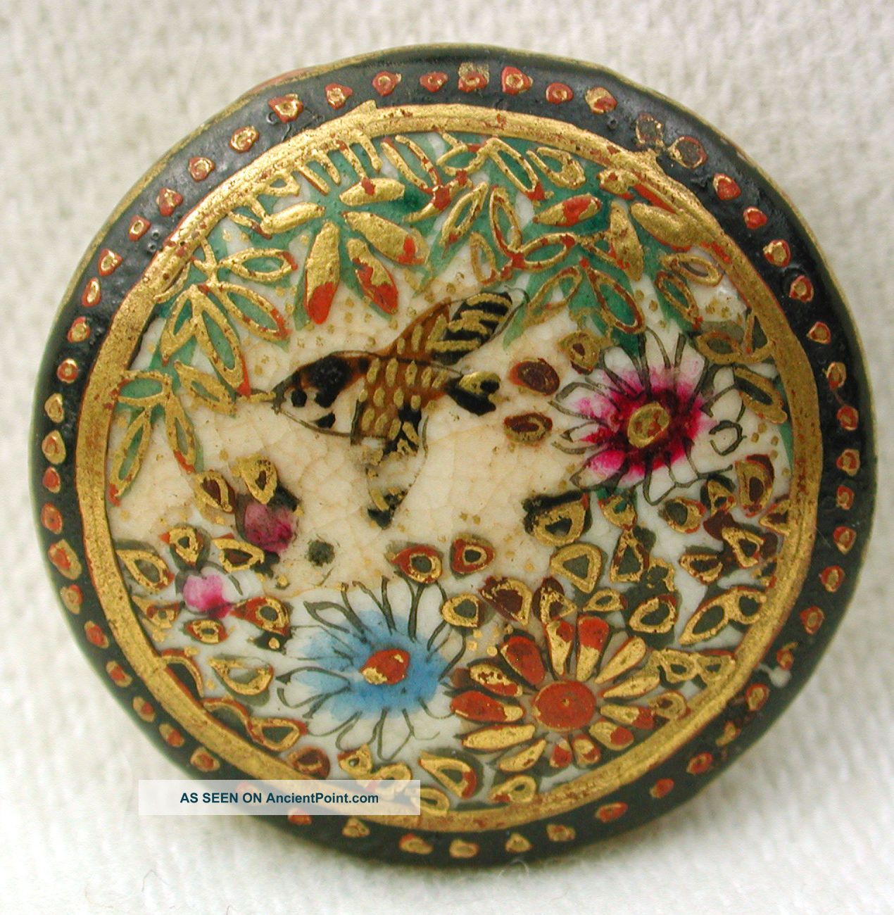 Antique Meiji Satsuma Button Speckled Bird W/ Flowers & Bamboo W/ Gold Accents Buttons photo