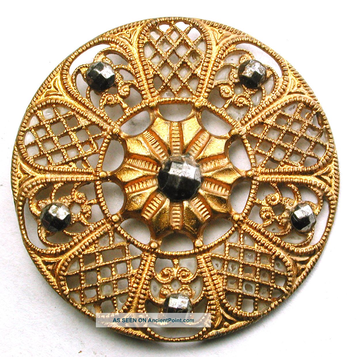 Antique Pierced Brass Button Filigree Screen Design W Cut Steel Accents 1 & 3/16 Buttons photo