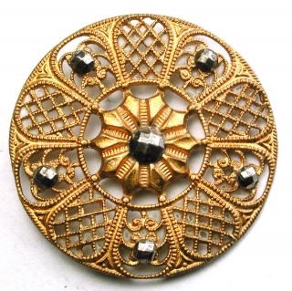 Antique Pierced Brass Button Filigree Screen Design W Cut Steel Accents 1 & 3/16 photo