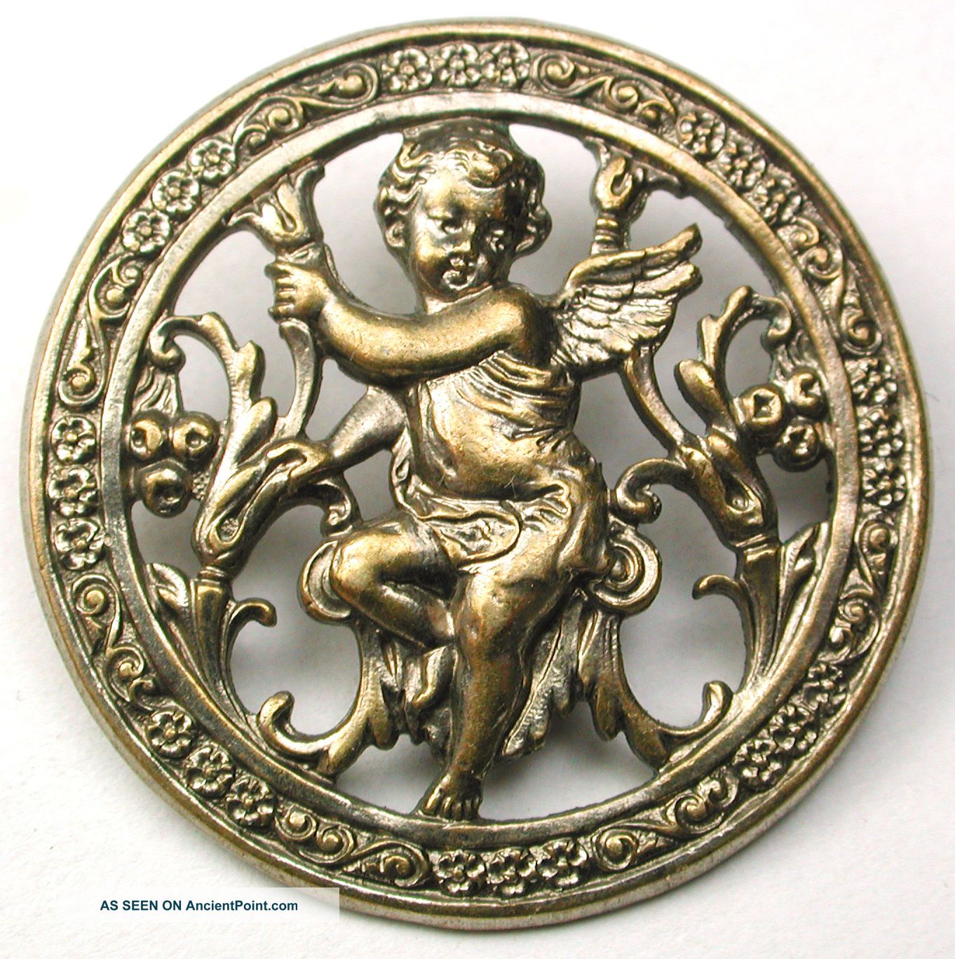Antique Pierced Brass Button Pretty Cherub & Flowers Design - 1 & 1/16 