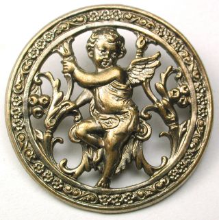 Antique Pierced Brass Button Pretty Cherub & Flowers Design - 1 & 1/16 