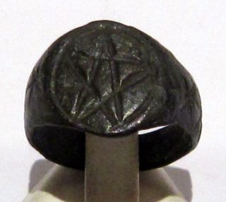 Post - Medieval Bronze Ring With Engraving Pentagram On The Top 4b photo