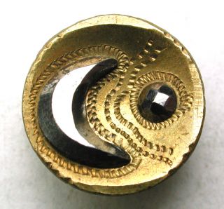 Antique Brass Cup Button W/ Cut Steel Crescent Moon & Star - 9/16 