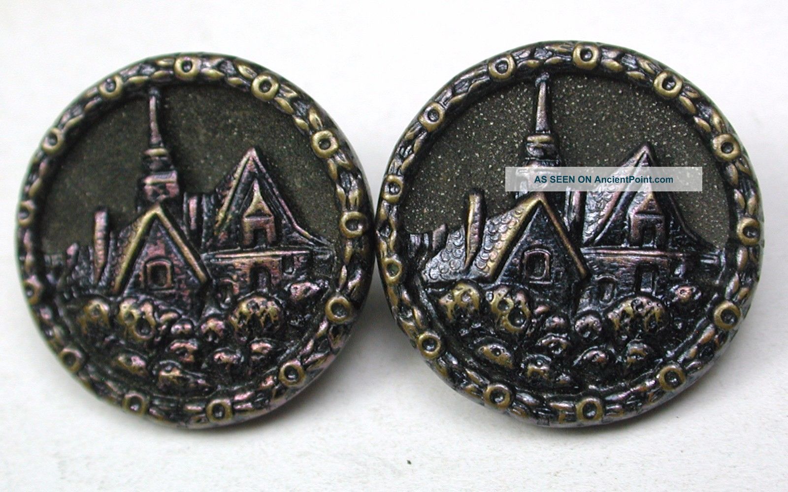 2 Antique Brass Buttons Charming Chapel Pictorial Design - 9/16 