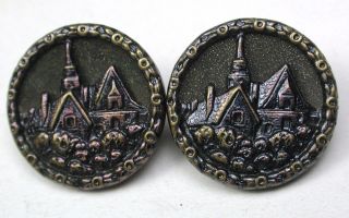 2 Antique Brass Buttons Charming Chapel Pictorial Design - 9/16 