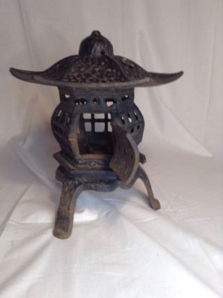 Vintage Cast Iron Japanese Oriental Pagoda Footed Garden Candle Holder Lantern photo