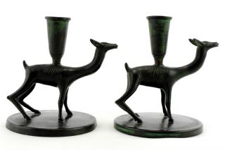 A Swedish Art Deco Patinated Bronze Nils Fougstedt Deer Candlesticks 30s photo