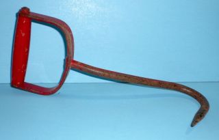 Old Red Metal & Wood Hay Meat Hook Farm Tool Ice Straw Bale Log Lifter Tool photo