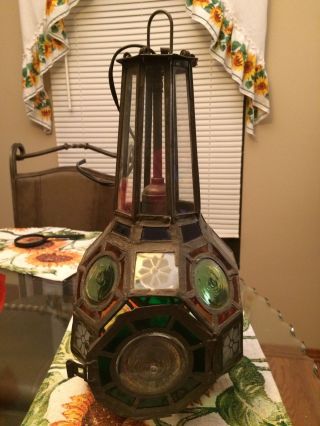 Antique French/italian ? Beveled Glass Lantern Light Fixture Brass/bronze/lead? photo