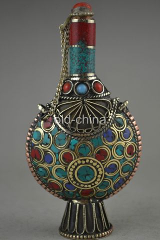 China Collectible Tibet Style Handwork Old Copper Inlay Kallaite Snuff Bottle photo