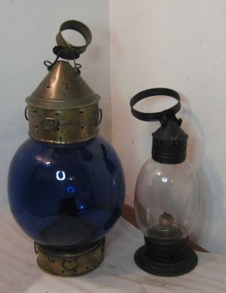 Large 1800/s Brass Fixed Onion Blue Globe Ship Boat Rr Railroad Lantern Lamp photo