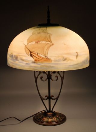 Rare Antique Aladdin Cast Iron Lamp Reverse Painted Sailing Ship Glass Shade,  Nr photo