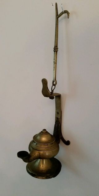Antique Brass Hanging Grease Betty Lamp Whale Oil photo