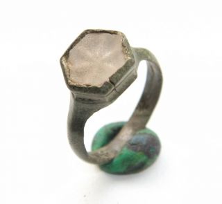 Ancient Medieval Bronze Finger Ring With Colored White Stone Inlay (dcr) photo