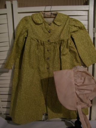 Primitive Prairie Little Pioneer Dress Mustard Calico With Bonnet Tea Stained photo