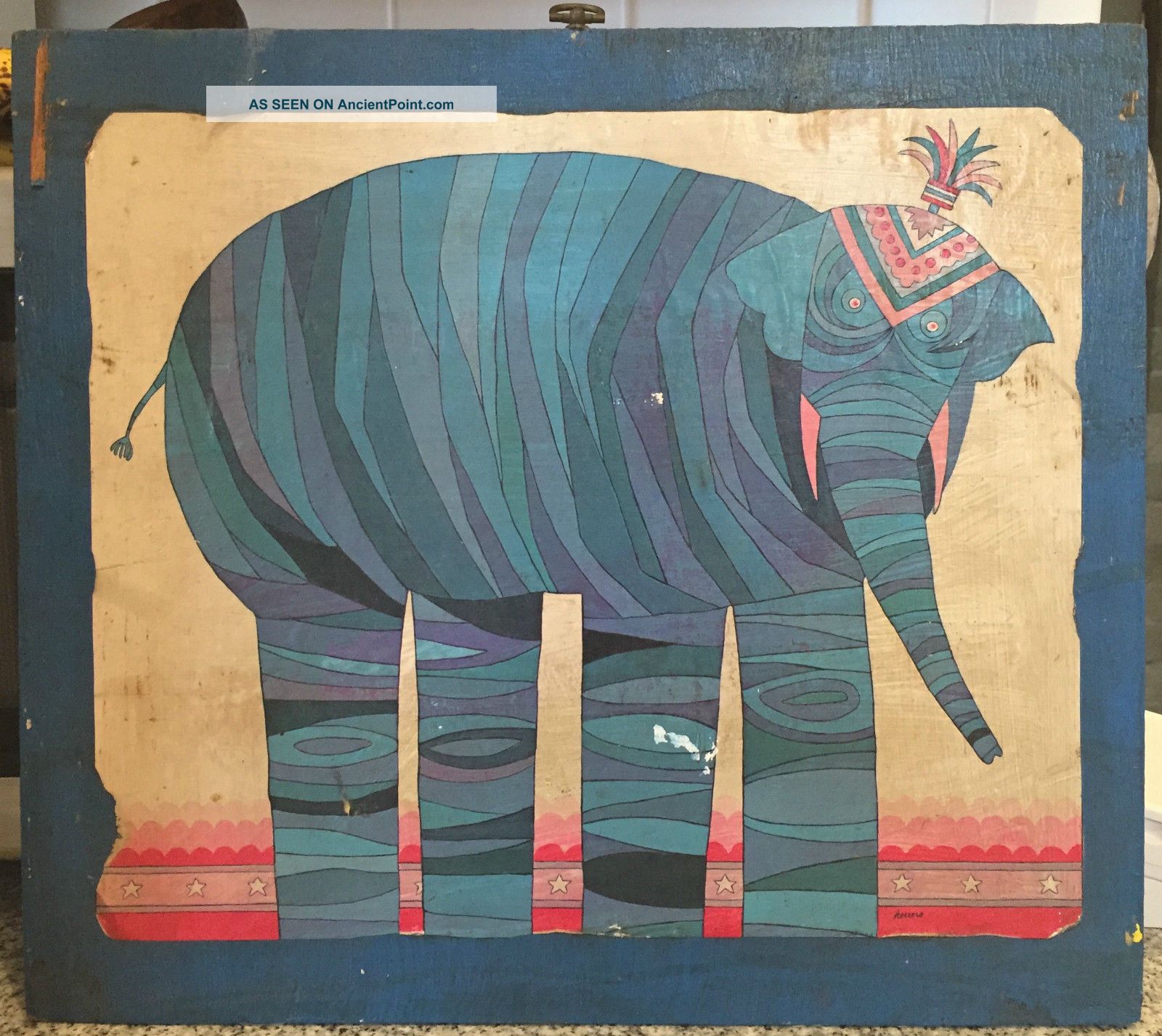 Vtg Psychedelic Circus Elephant Wall Hanging Retro Pop Art Herrero Print Mid-Century Modernism photo