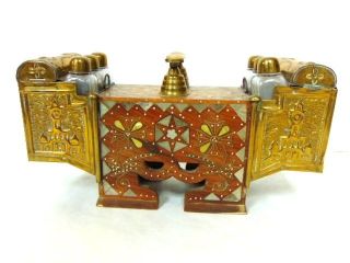 Incredible Antique Turkish Brass Shoe Shine Box W/ Pearl Inlay & 6 Bottles photo