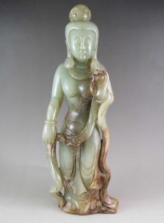 1240g Antique Chinese Old Hetian Jade Carved Kwan Yin Carving photo