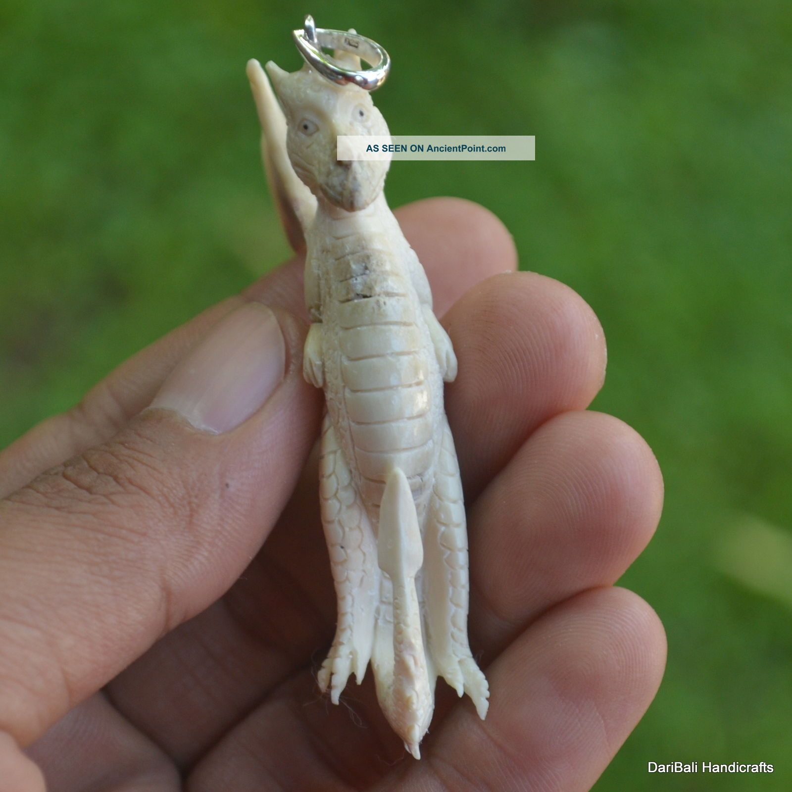 Dragon Carved 69mm Height Pendant Pb214 W/ Silver In Antler Hand Carving Necklaces & Pendants photo