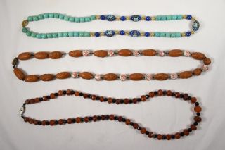 3 Chinese Necklaces - Turquoise,  Carved Nut,  Amber photo