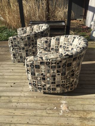 Mid Century Modern Pair Swivel Barrel Tub Chairs Milo Baughman Walnut Base photo