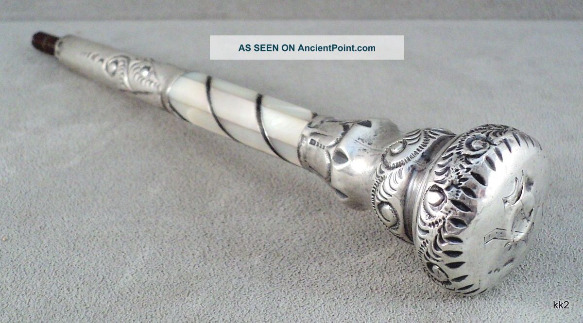 Antique Victorian Sterling Silver & Mother - Of - Pearl Inlaid Umbrella Cane Handle Victorian photo