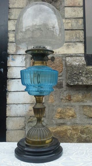 Antique Victorian Oil Lamp Stunning Blue Duplex Font Bronze & Porcelain Base photo