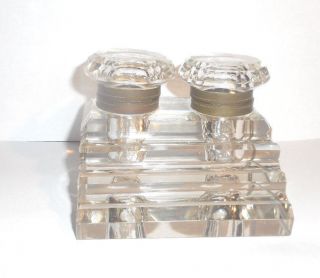 Antique All Crystal Double Ink Stand Brass Collars Hinged Lids photo
