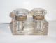 Antique All Crystal Double Ink Stand Brass Collars Hinged Lids Metalware photo 2