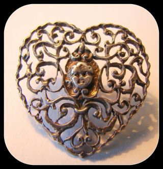 Ooak Victorian Cut Silver Metal Heart Button Filigree Scroll Cherub Child Lady photo