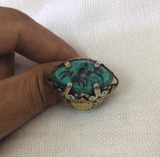 Men ' S Islamic Ring Malachite Stone Vintage Afghan Seal Deer Engraved Intaglio 11 photo