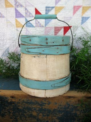 Small Early Antique Sugar Bucket Firkin Robins Egg Blue And White Paint photo