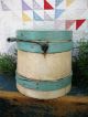 Small Early Antique Sugar Bucket Firkin Robins Egg Blue And White Paint Primitives photo 1